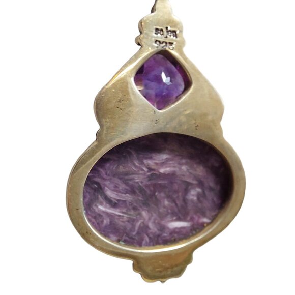 Natural Charoite Purple Amethyst Pendant Channel Set Sterling Silver Signed - Picture 7 of 11